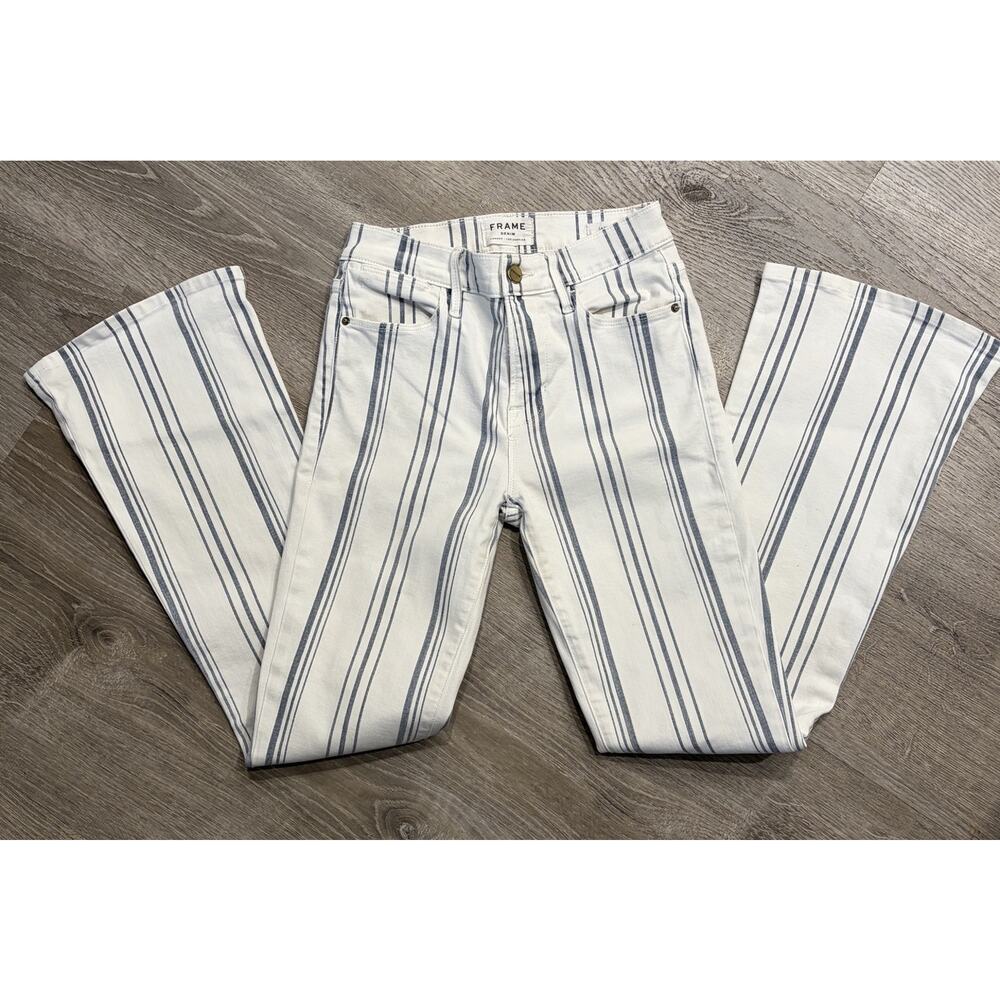 Frame Le High Flare White Blue Stripe Jeans 26 Preppy Festival - Picture 2 of 5
